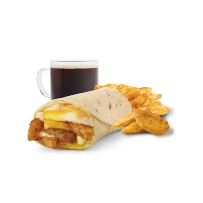 Wendy's Breakfast Burrito, Sausage with side dish and drink.