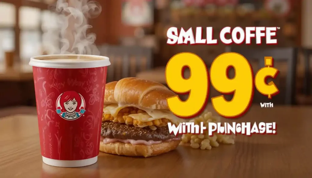 A visually appealing ad highlighting Wendy’s 99¢ small coffee offer with any purchase. Limited-time deal, available at participating U.S. locations via the Wendy’s App or website.