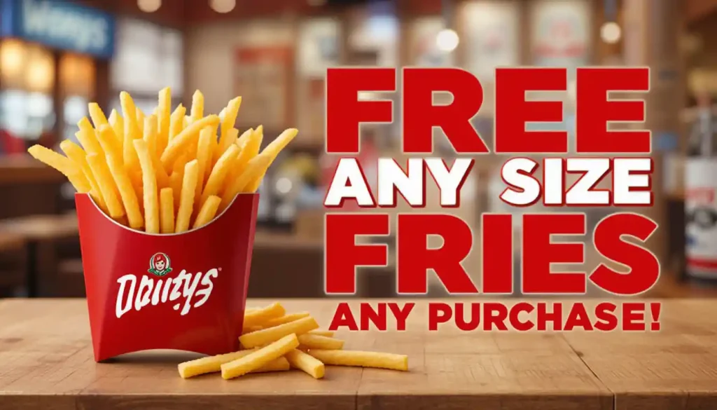 A promotional image featuring Wendy’s Friday deal: a free any-size fry with any purchase. Offer valid for a limited time at participating U.S. locations via the Wendy’s App or website.