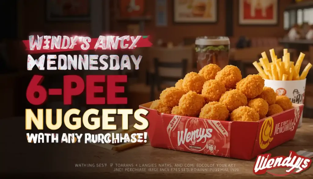 A bold and engaging promotional image advertising Wendy’s Wednesday deal: free 6-piece nuggets with any purchase. Redeemable via the Wendy’s App or website at participating locations.