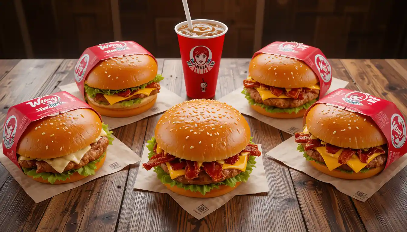 he Best Wendy’s Burgers displayed on a wooden table, including a pretzel bun burger, spicy chicken with ghost pepper ranch, bourbon bacon, classic cheeseburger, and extra bacon. Each burger is wrapped in red and white Wendy’s branding, with fries and drinks in the background.”