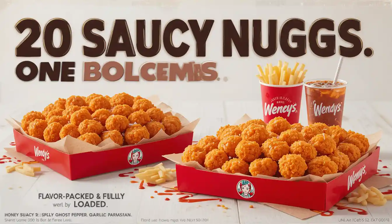 Wendy’s 20 PC Saucy Nuggs Combo with saucy chicken nuggets, fries, and a drink in Wendy’s branded packaging on a clean white background.