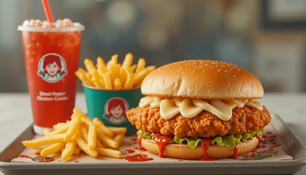 "Wendy’s Ghost Pepper Ranch Chicken Combo with spicy chicken sandwich, fries, and a drink in Wendy’s branded packaging on a clean background."