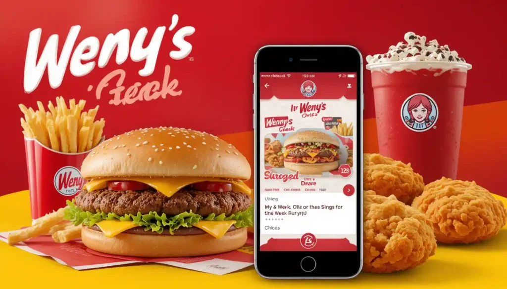 Wendy’s latest deals and promotions banner showing burger, fries, nuggets, drink, and smartphone with Wendy’s app highlighting weekly offers.