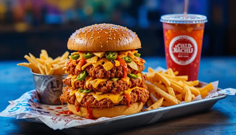 "Loaded Nacho Chickenburger Combo with crispy chicken, nacho cheese, jalapeños, fries, and drink in branded packaging with visible logo"