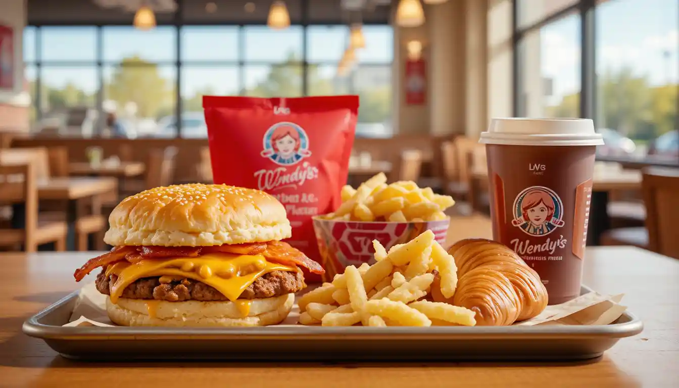 Wendy’s Breakfast Menu featuring Breakfast Baconator, Honey Butter Chicken Biscuit, seasoned potatoes, and coffee served in branded packaging inside a bright restaurant setting.