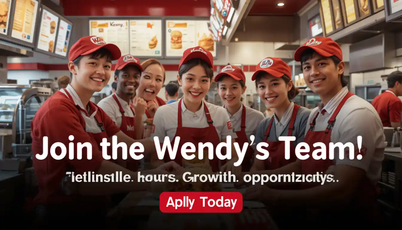 Wendy’s Careers image showing team members working inside a restaurant with “Join the Wendy’s Team” text and branded uniforms in a professional setting.