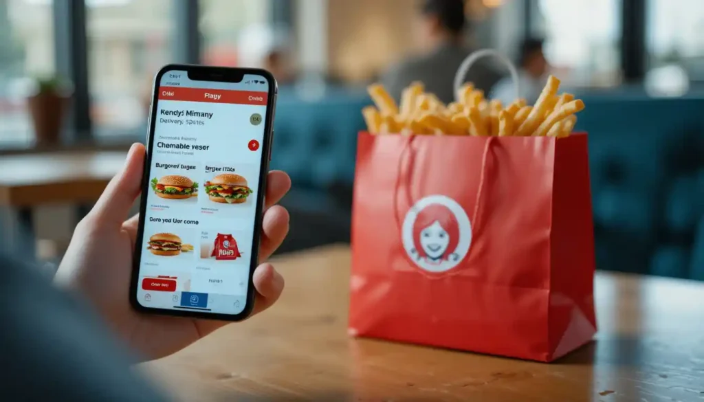 Customer ordering Wendy’s delivery through the Wendy’s app with branded food bag and menu items visible.